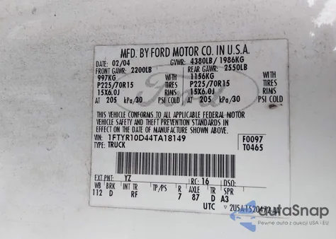 2004 Ford Ranger Xl/Xlt из США, поврежденный, VIN 1FTYR10D44TA18149